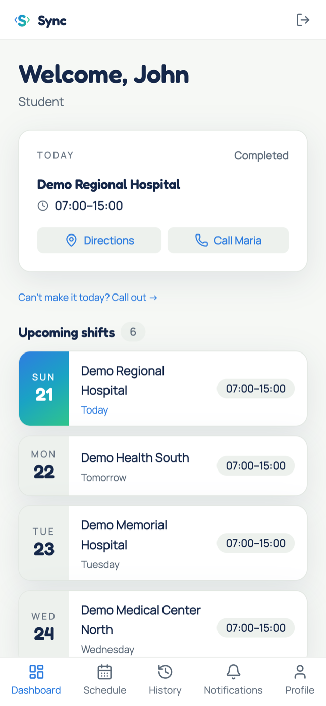 The Sync app home screen: today's shift and the week's upcoming rotations.