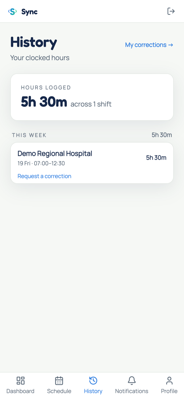 The Sync hours screen: clocked hours with a verified shift.