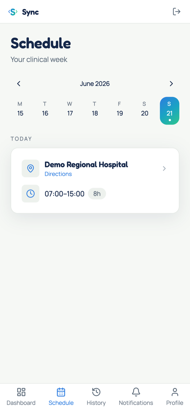 The Sync schedule screen: the clinical week with today's shift.