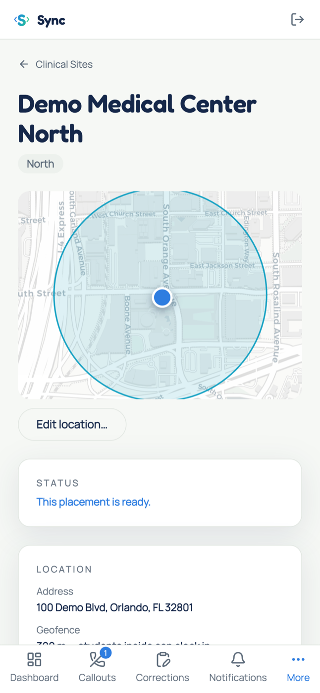 A clinical site in Sync: address and a geofenced check-in radius on the map.